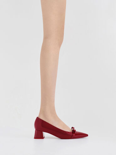 Dorian Patent Bow Pointed-Toe Block-Heel Pumps, Red, hi-res