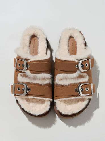 Hannah Furry Buckled Double-Strap Sandals, Brown, hi-res