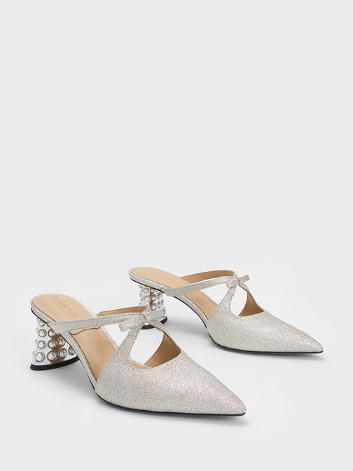 Beaded Heel Glittered Bow Mules, , hi-res