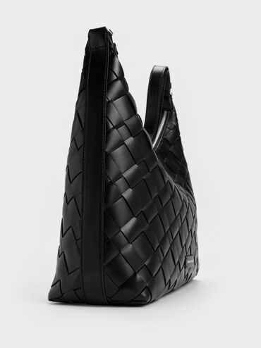 กระเป๋าโฮโบดีเทลงานสานประดับพู่รุ่น Ivette, สีดำอะไหล่สีเงิน, hi-res