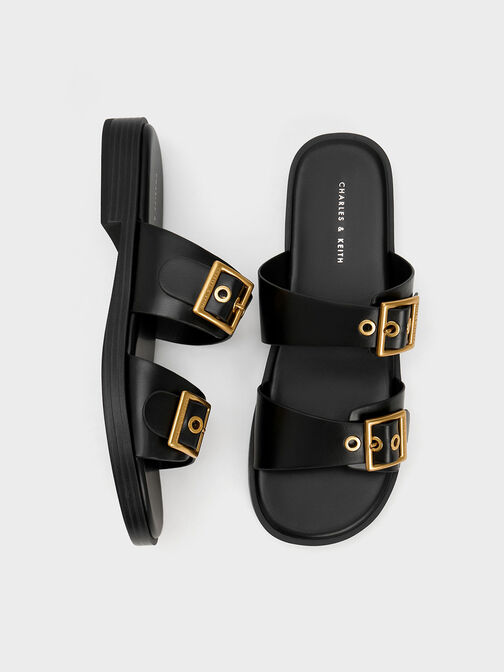 Buckled Double Strap Slide Sandals, สีดำ, hi-res