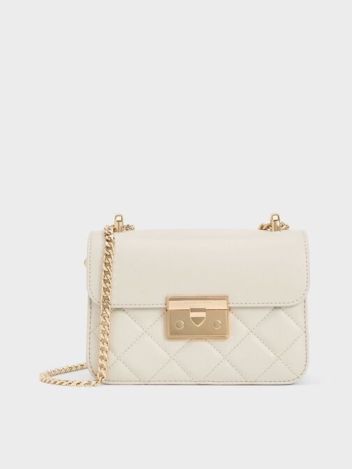 Quilted Push-Lock Chain-Handle Bag, Ivory, hi-res