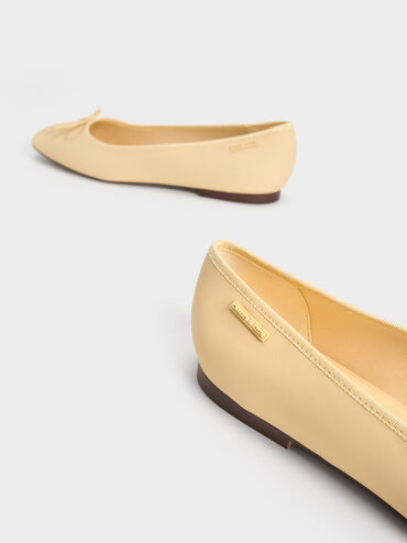 Rounded Square-Toe Bow Ballerinas, Yellow, hi-res