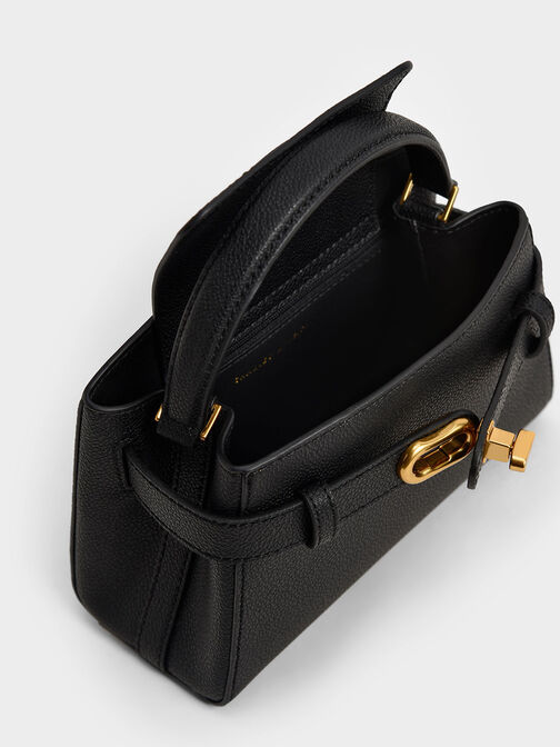 กระเป๋าถือตกแต่งด้วยหัวเข็มขัดเมทัลลิครุ่น Aubrielle, สีดำ, hi-res