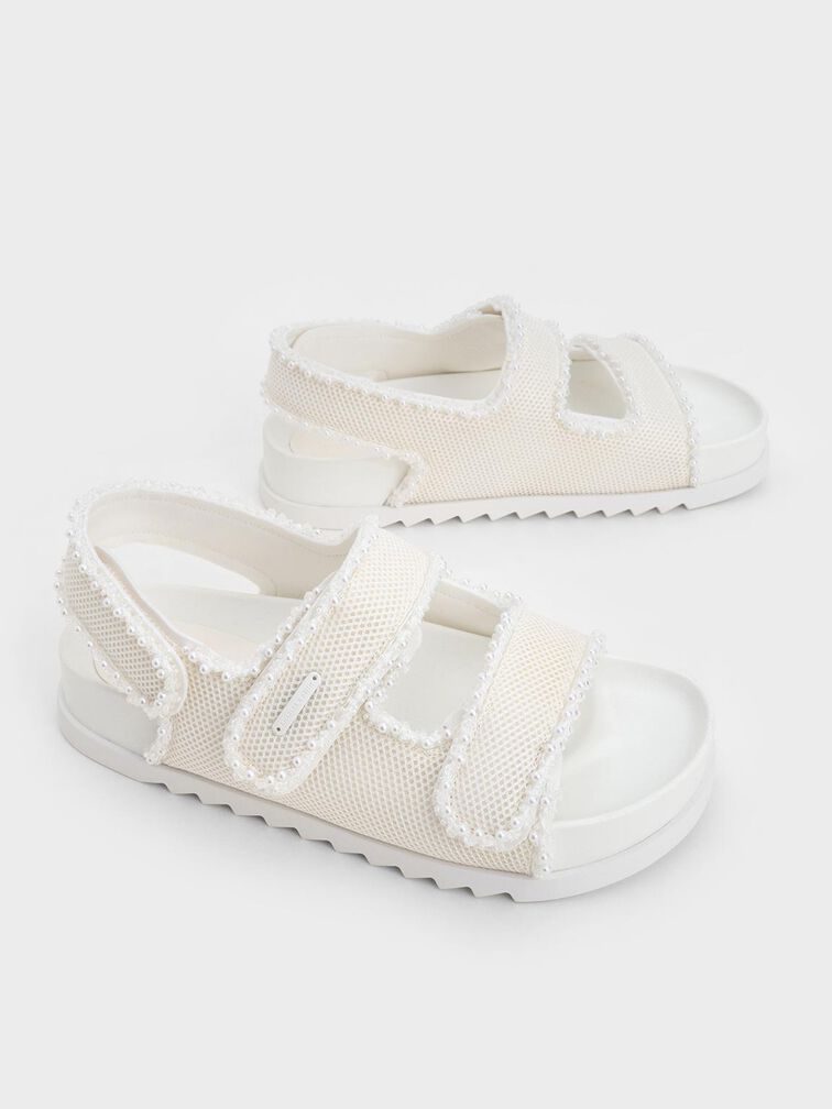 Mesh Pearl-Embellished Flatform Sandals, White, hi-res