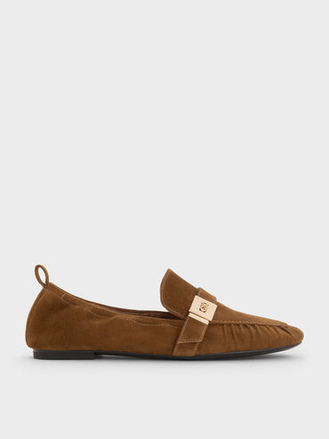 Cody Suede Metallic-Buckle Ruched Loafers, Brown, hi-res
