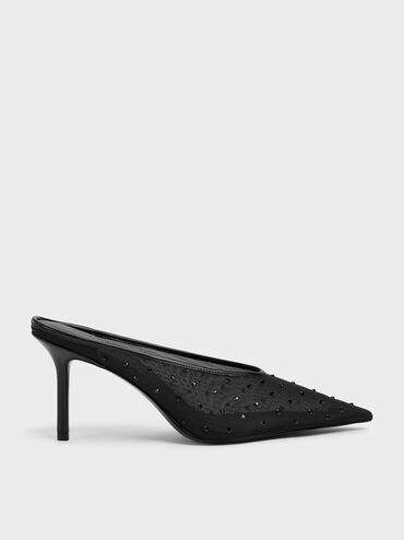 Mesh Crystal Pointed Heeled Mules, Black Textured, hi-res