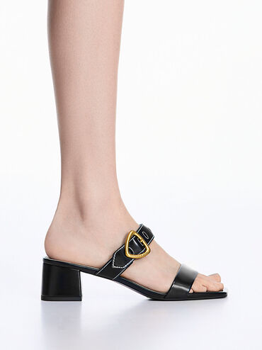 Sepphe Metallic Buckle Heeled Mules, สีดำ, hi-res