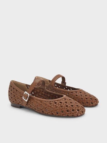 Woven Mary Jane Flats, Brown, hi-res