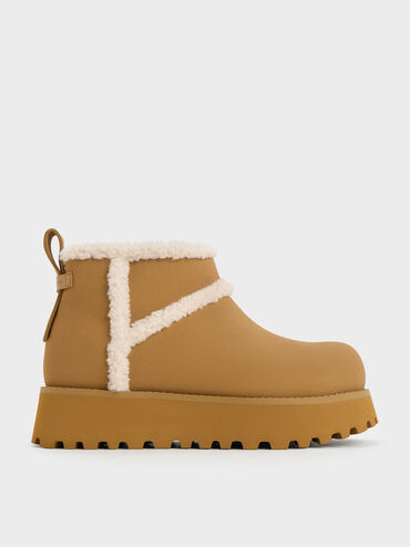 Textured Fur-Trim Flatform Ankle Boots, สีกากี, hi-res