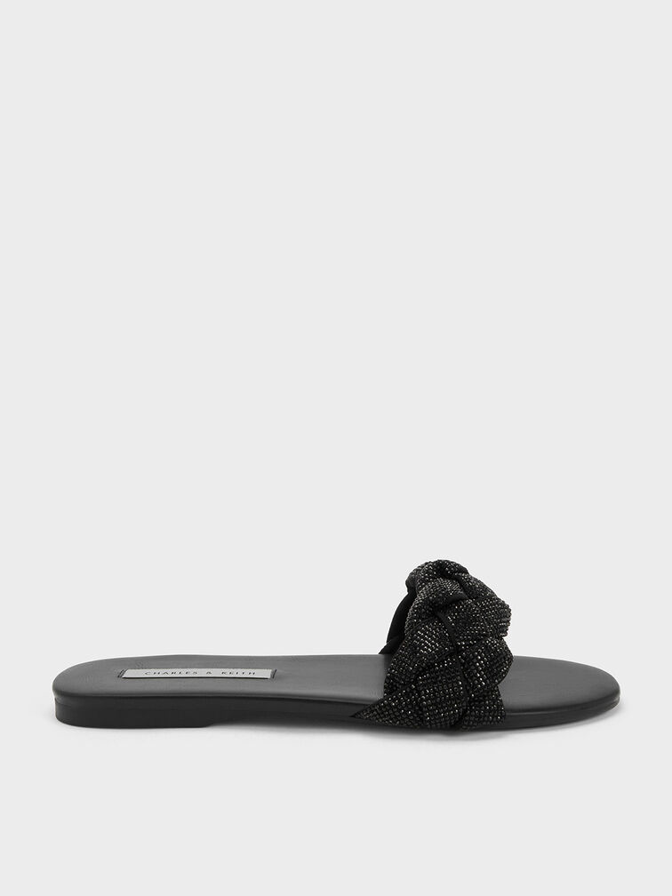 Gem-Embellished Braided Strap Slides, สีดำ, hi-res