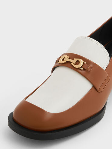 Two-Tone Metallic Accent Block Heel Loafer Pumps, สีน้ำตาล, hi-res