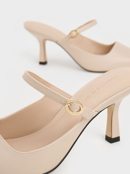 Buckle-Strap Heeled Mules, Nude, hi-res