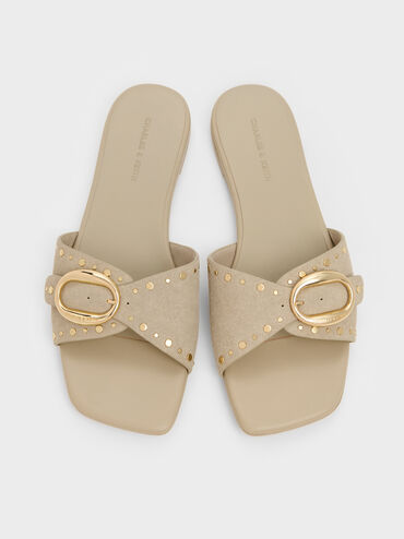 Studded Buckled Slide Sandals, Beige, hi-res