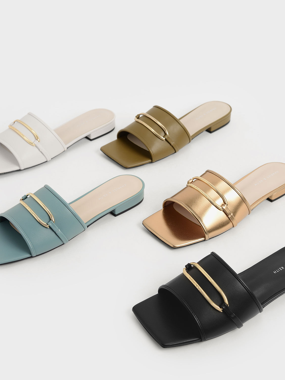 Metallic Accent Square-Toe Slide Sandals, Gold, hi-res