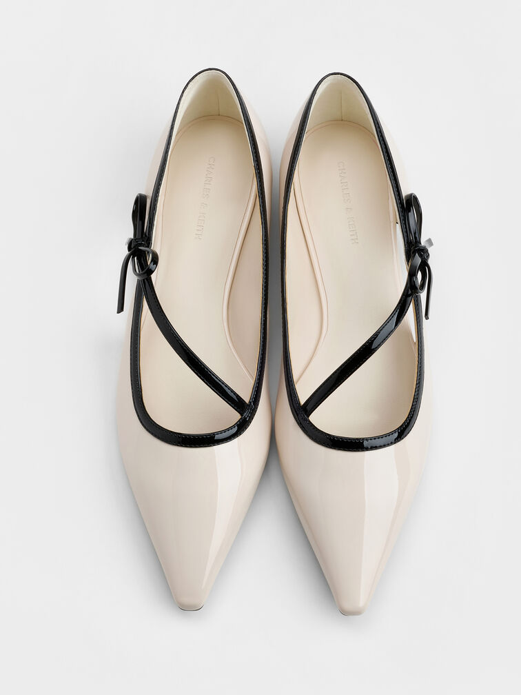 Patent Contrast-Trim Pointed-Toe Bow-Strap Flats, Chalk, hi-res
