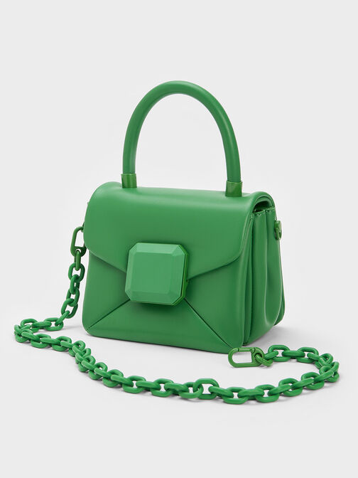 Geometric Push-Lock Top Handle Bag, สีเขียว, hi-res