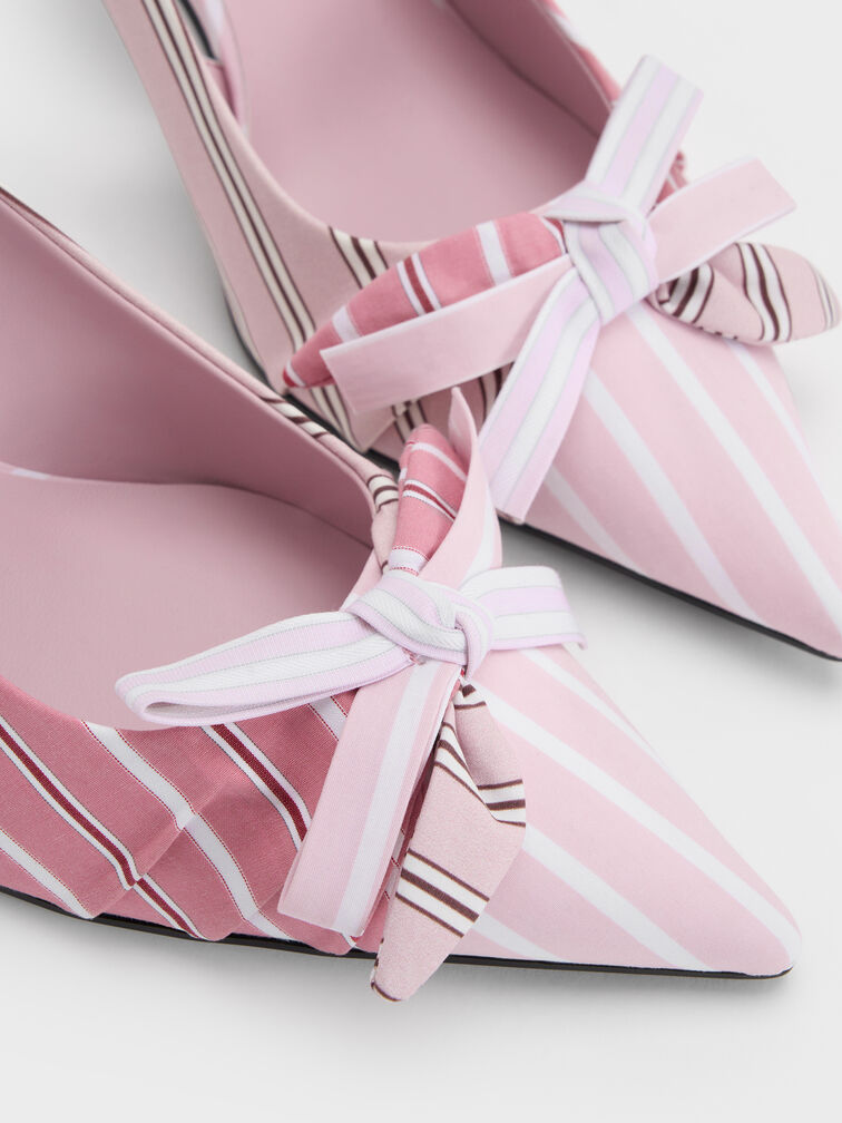 Striped Knot-Bow Pointed Slingback Pumps, Light Pink, hi-res
