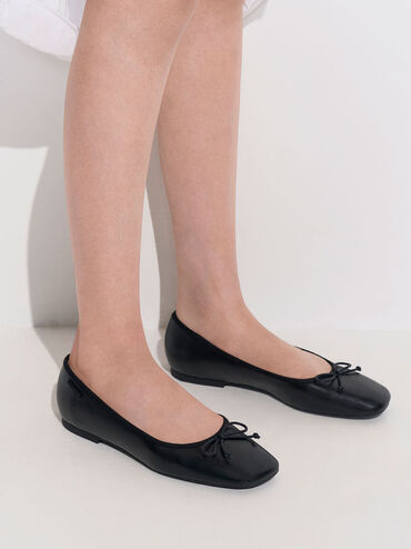 Rounded Square-Toe Bow Ballerinas, Black, hi-res