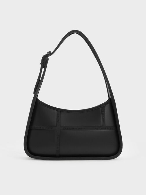 Avenue Contrast-Trim Trapeze Shoulder Bag, สีดำ, hi-res