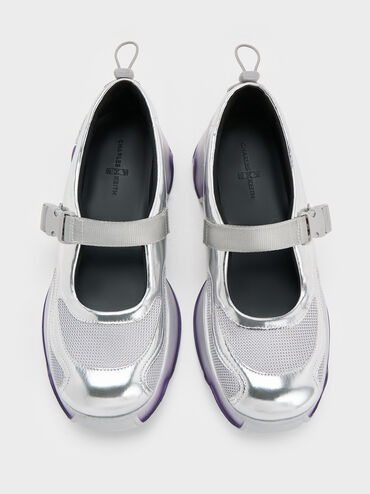 Mesh Gradient Wave Mary Jane Sneakers, Silver, hi-res