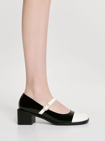 Patent Crystal-Embellished Buckle Two-Tone Mary Janes, หนังแก้วสีดำ, hi-res