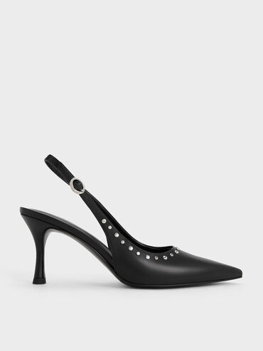 Studded Pointed-Toe Slingback Pumps, สีดำ, hi-res