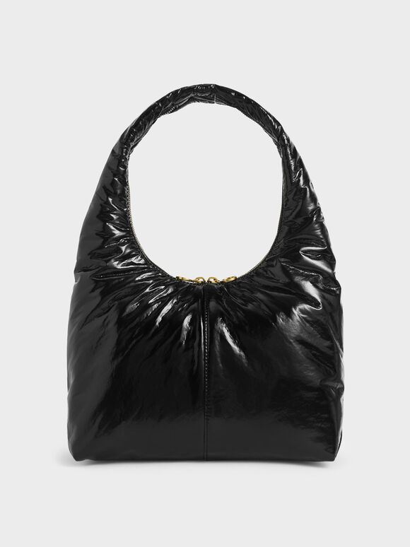 Arch Wrinkled-Effect Large Hobo Bag, Black, hi-res
