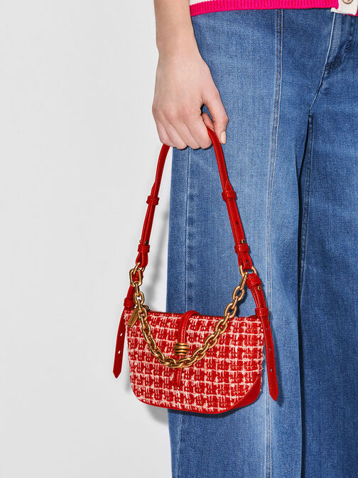 Trudy Tweed Belted Geometric Bag, สีแดง, hi-res