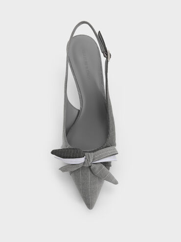 Striped Knot-Bow Pointed Slingback Pumps, Grey, hi-res
