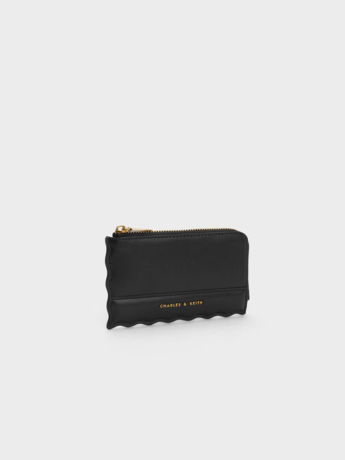 กระเป๋าสตางค์ดีไซน์ขอบหยักแบบมีซิป, สีดำ, hi-res