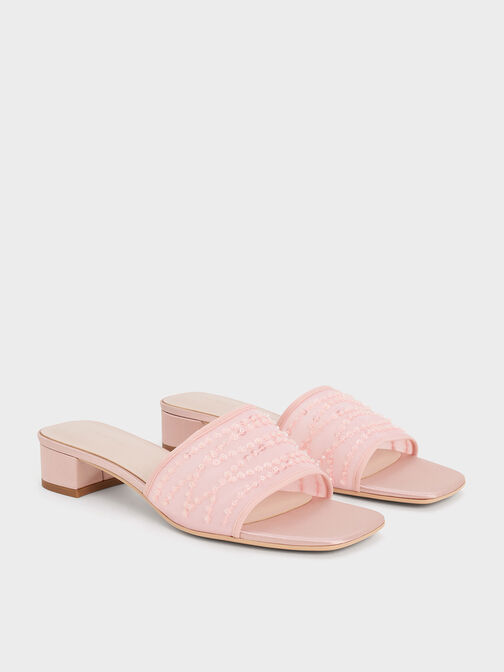 Mesh Sequinned Block-Heel Mules, Nude, hi-res