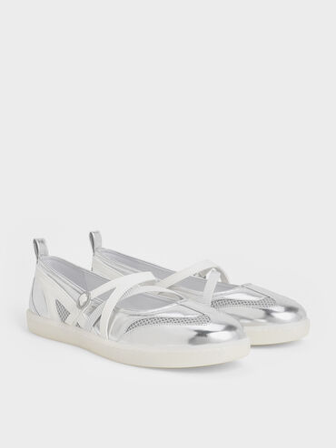 Metallic Mesh Two-Tone Ballet Sneakers, Silver, hi-res