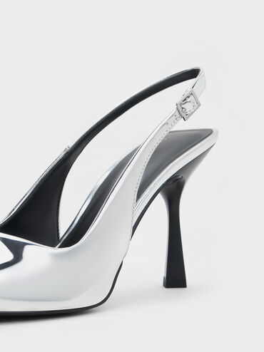 Metallic Cap Pointed-Toe Slingback Pumps, สีเงิน, hi-res