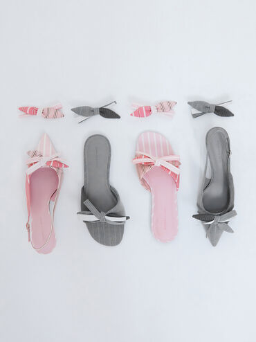 Striped Knot-Bow Pointed Slingback Pumps, Grey, hi-res