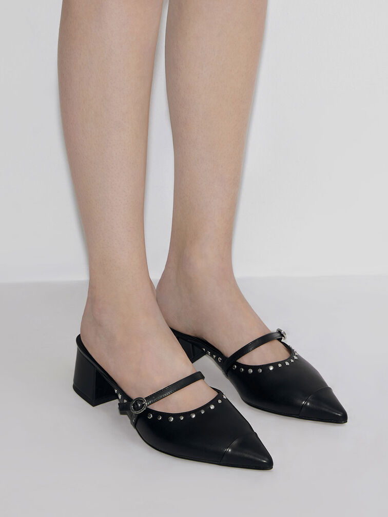 Studded Pointed-Toe Block Heel Mules, สีดำ, hi-res