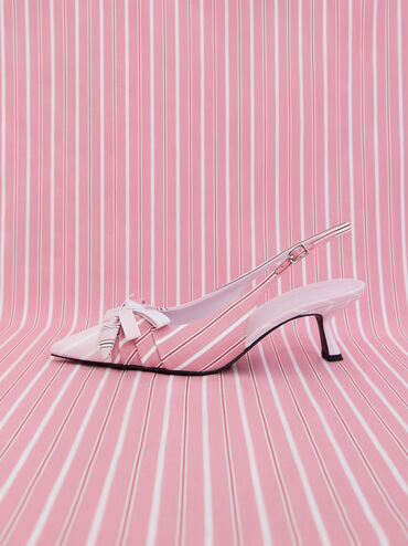 Striped Knot-Bow Pointed Slingback Pumps, Light Pink, hi-res
