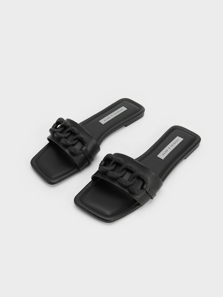 Chunky Chain-Link Slide Sandals, สีดำ, hi-res