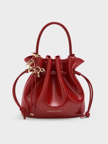 Sammie Horse-Motif Drawstring Bucket Bag, Tomato Red, hi-res