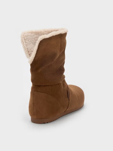 Faux Suede & Faux Shearling Ruched Fold-Over Boots, Brown, hi-res