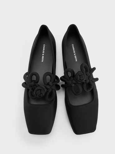 Clover-Knot Mary Jane Flats, Black Textured, hi-res