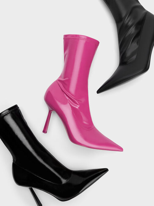 Patent Crinkle-Effect Pointed-Toe Stiletto Heel Ankle Boots, สีฟูเชีย, hi-res
