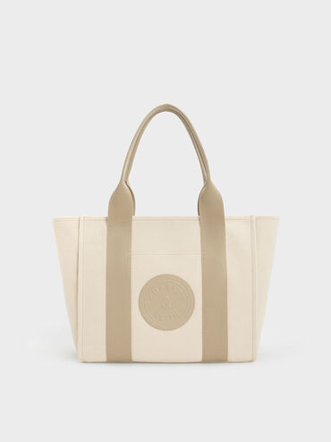 Large Kay Canvas Contrast-Trim Tote Bag, สีโทป, hi-res