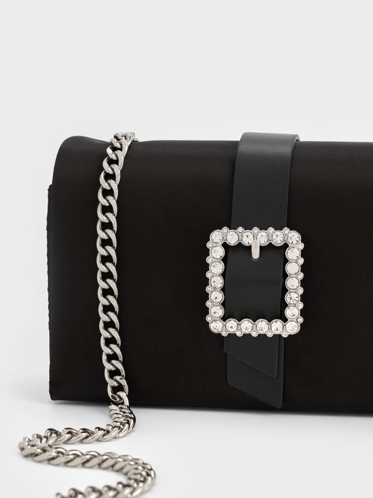 Satin Crystal-Buckle Belted Chain-Handle Bag, Noir, hi-res