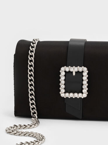 Satin Crystal-Buckle Belted Chain-Handle Bag, Noir, hi-res