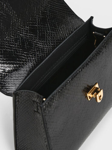 Tallulah Snake-Print Trapeze Top Handle Bag, สีดำ, hi-res