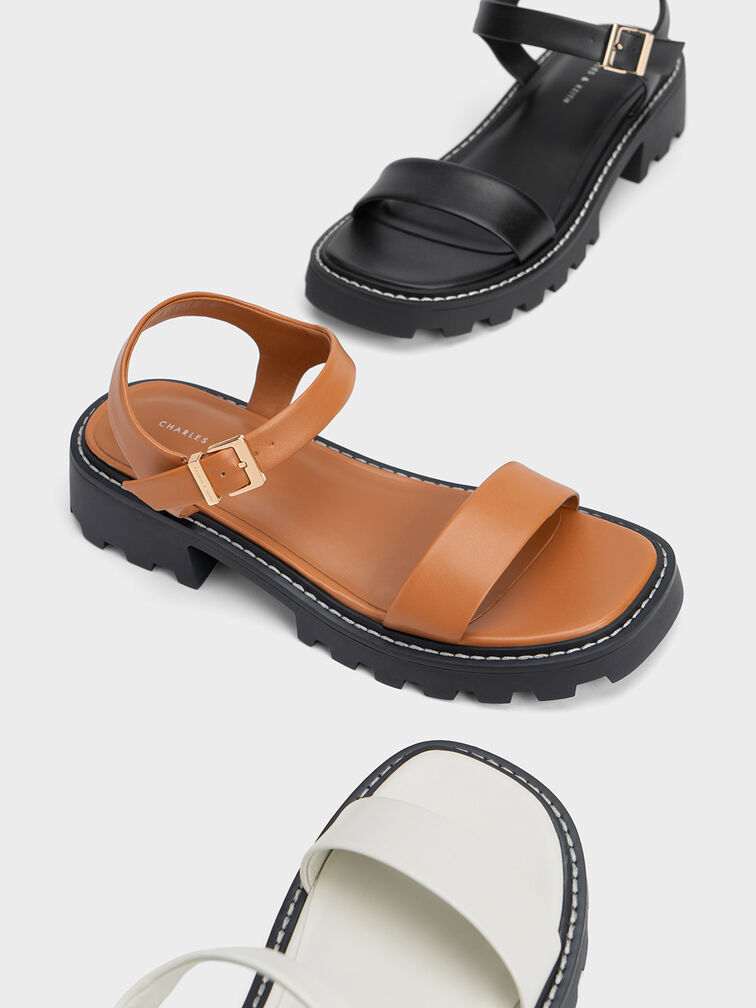 Stitch-Trim Buckled Sandals, Cognac, hi-res