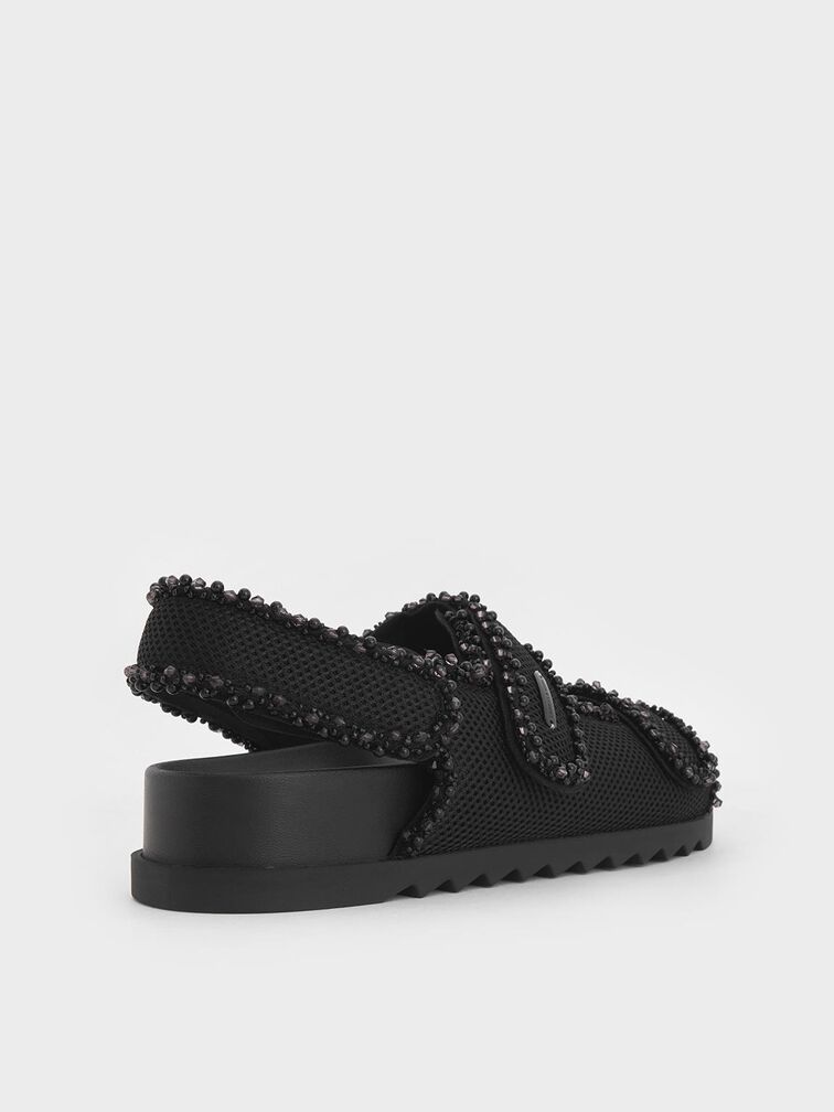 Mesh Pearl-Embellished Flatform Sandals, Black Textured, hi-res