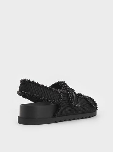 Mesh Pearl-Embellished Flatform Sandals, Black Textured, hi-res