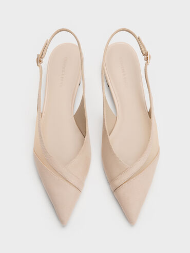 Faux Suede & Mesh Slingback Flats, Beige, hi-res